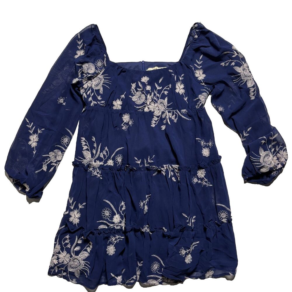 NWT Smocked Blue Floral Embroidered Mini with Puffed Sleeves- Altar'd State